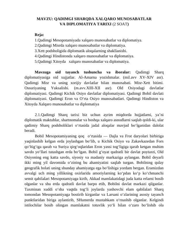 QADIMGI SHARQDA XALQARO MUNOSABATLAR  VA DIPLOMATIYA TARIXI