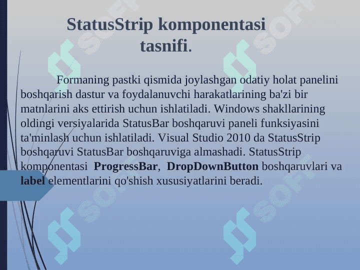 С# dasturlash tilida Status Strip komponentasi yordamida dasturlar yaratish 2