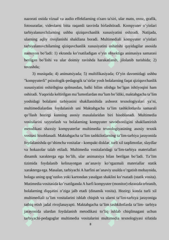 MAKTABGACHA TA’LIM TASHKILOTLARIDA MULTIMEDIYALARDAN FOYDALANISH AHAMIYATI VA DOLZARBLIGI 8