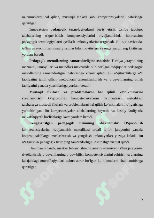“Tarbiya jarayonining mazmuni, tamoyillari va metodlari” modulini o’qitishda talabalarning o’quv-bilish kompetensiyalarini rivojlantirish metodikasi 5