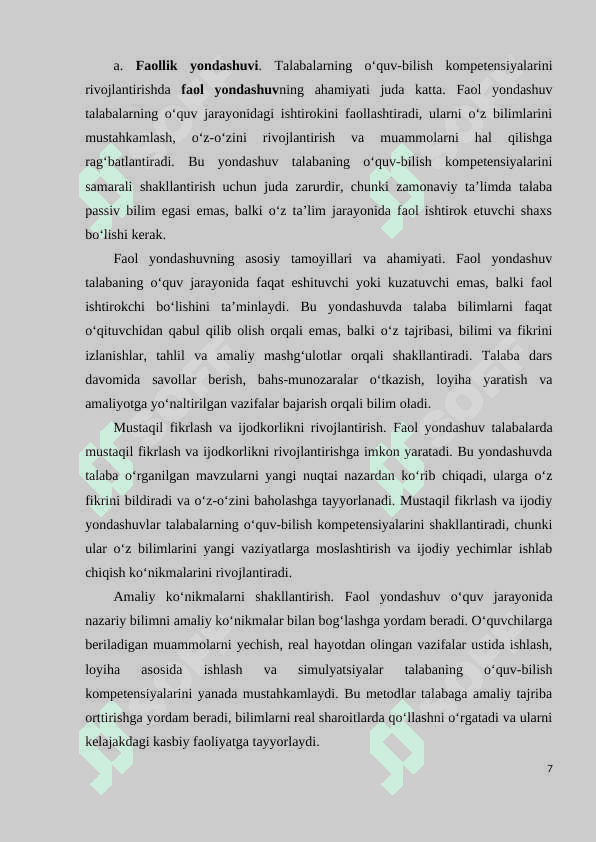 “Tarbiya jarayonining mazmuni, tamoyillari va metodlari” modulini o’qitishda talabalarning o’quv-bilish kompetensiyalarini rivojlantirish metodikasi 7