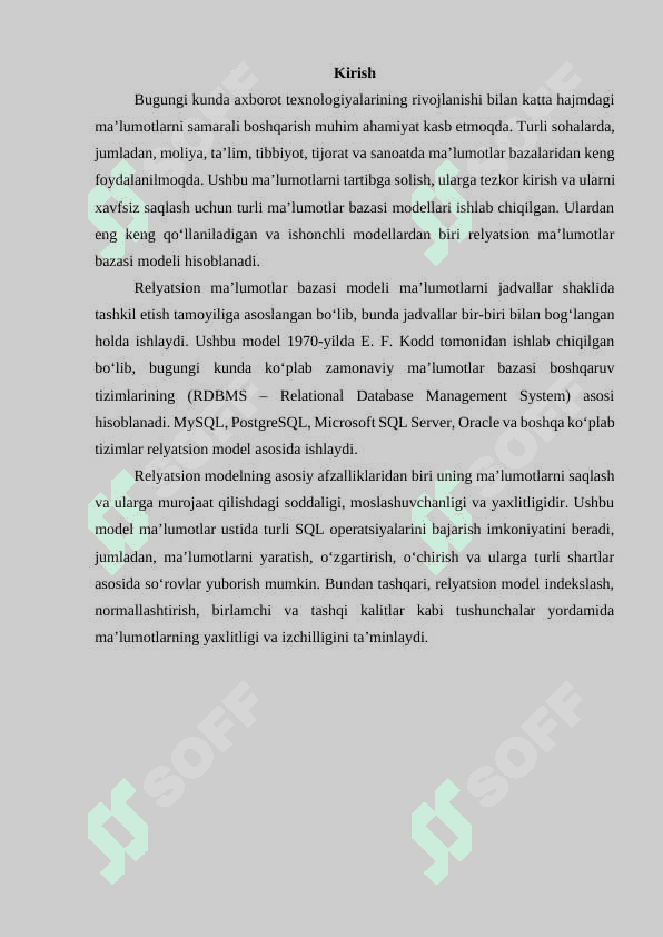 Relyatsion ma'lumot modeli. Ma'lumotlar bazasida munosabatlar 3