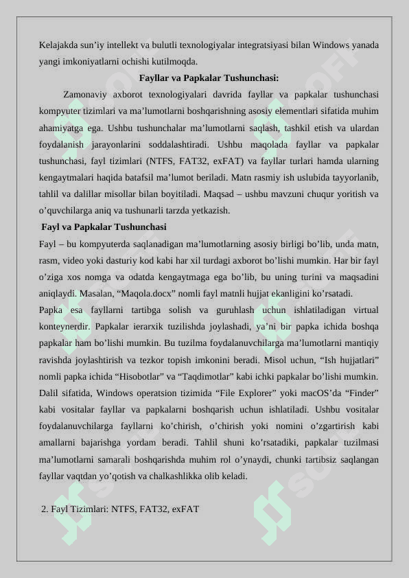Windows OTda ishlash ko‘nikmalarini takomillashtirish. Windows muhitida fayllar va papkalar bilan ishlash 8