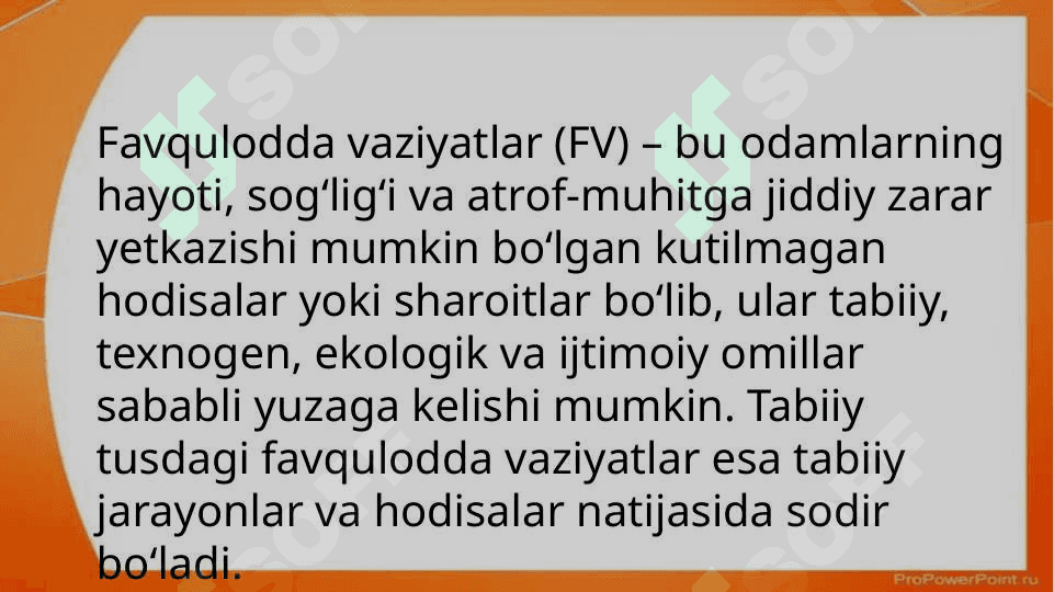 Tabiiy tusdagi favqulodda vaziyatlar ularning tasnifi 2