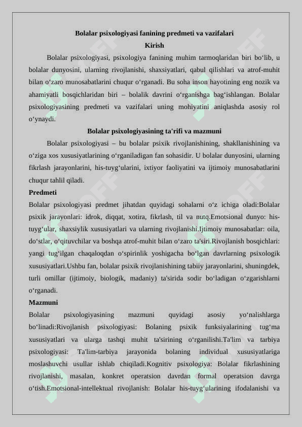 Bolalar psixologiyasi fanining predmeti, vazifalari 2