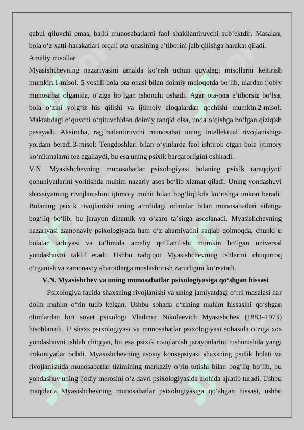 V N Myasishchevning munosabatlar psixologiyasida bola psixik taraqqiyoti 5