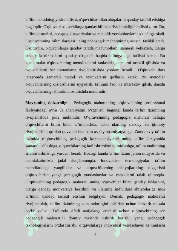 PEDAGOGIK MAHORAT HAQIDA TUSHUNCHA,UNING O’QITUVCHI FAOLIYATIDA TUTGAN O’RNI VA AHAMIYATI. 4