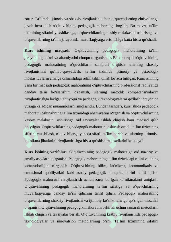 PEDAGOGIK MAHORAT HAQIDA TUSHUNCHA,UNING O’QITUVCHI FAOLIYATIDA TUTGAN O’RNI VA AHAMIYATI. 5