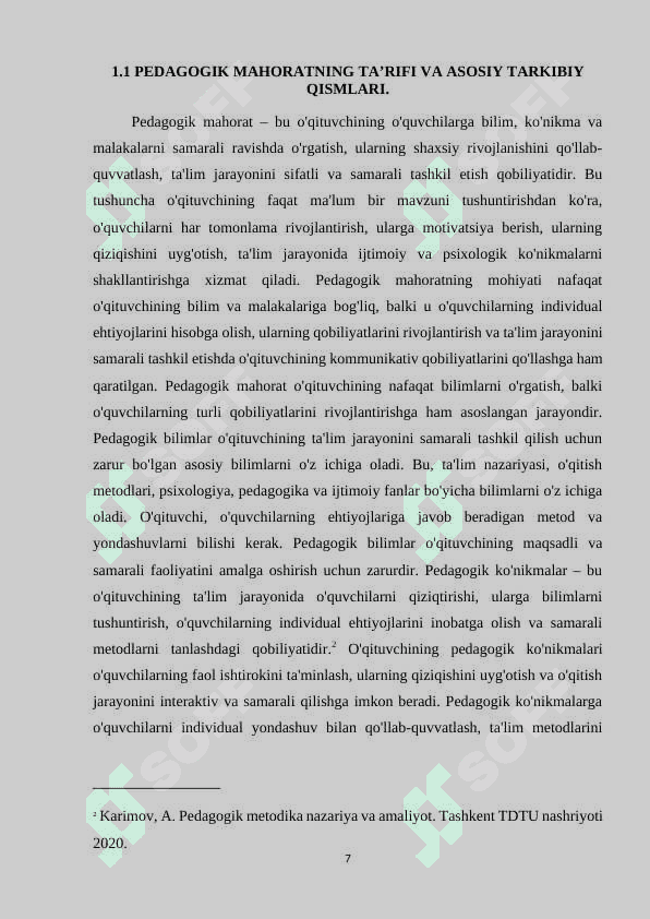 PEDAGOGIK MAHORAT HAQIDA TUSHUNCHA,UNING O’QITUVCHI FAOLIYATIDA TUTGAN O’RNI VA AHAMIYATI. 7