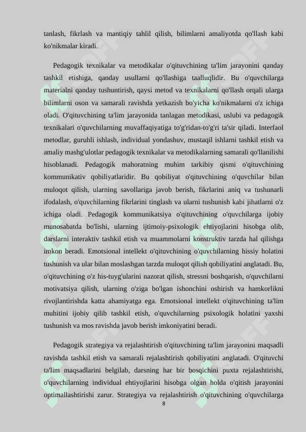 PEDAGOGIK MAHORAT HAQIDA TUSHUNCHA,UNING O’QITUVCHI FAOLIYATIDA TUTGAN O’RNI VA AHAMIYATI. 8