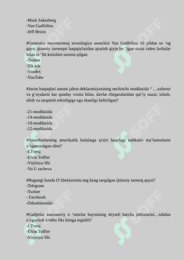 Mediyasavodxonlik test. Yakuniy Nazorat.20___ (JAVOBSIZ) 3