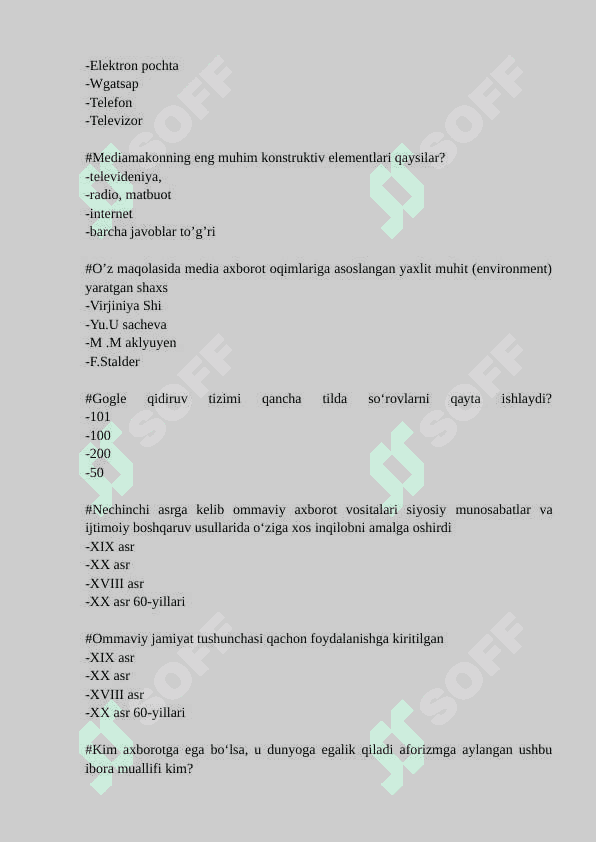 Mediyasavodxonlik test. Yakuniy Nazorat.20___ (JAVOBSIZ) 5