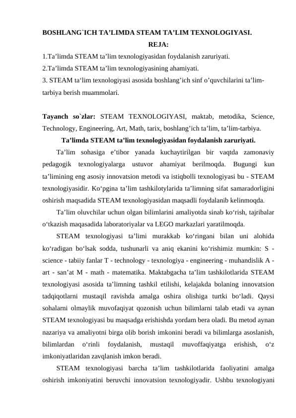 BOSHLANG`ICH TA’LIMDA STEAM TA’LIM TEXNOLOGIYASI