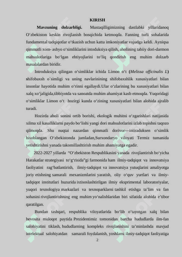 LIMON O‘T (Melissa officinalis L) O‘SIMLIGINI YETISHTIRISH VA DORIVORLIK XUSUSIYATLARINI O‘RGANISH 2