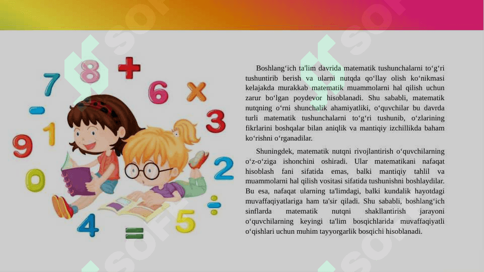 BOSHLANG‘ICH SINF O‘QUVCHILARINI MATEMATIK NUTQINI O‘STIRISH METODIKASI 4