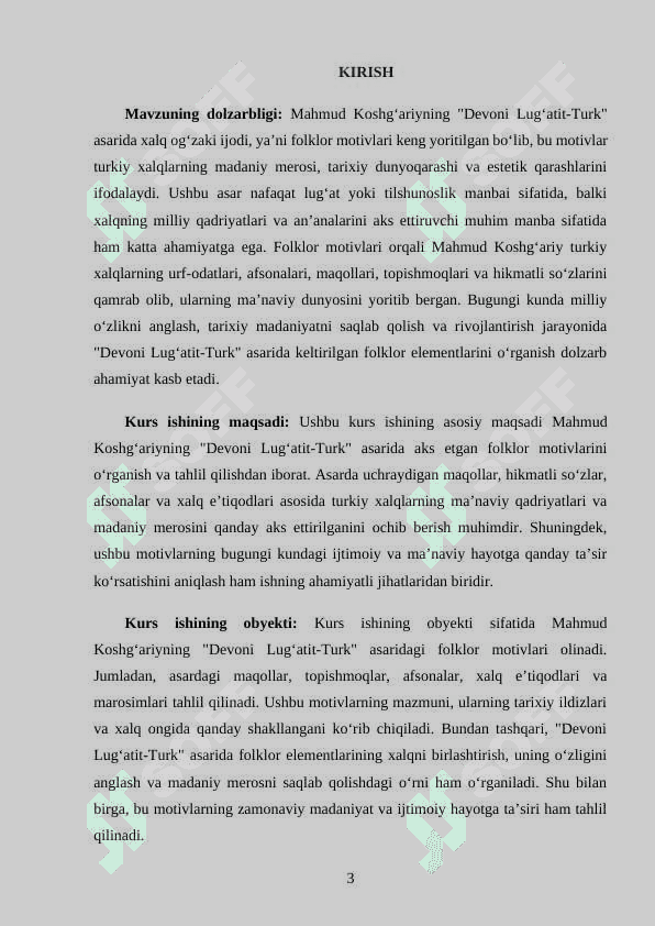 “MAHMUD KOSHG‘ARIYNING  “DEVONI LUG‘ATIT-TURK”  ASARIDA FOLKLOR MOTIVLARI”  KURS ISHI. 3