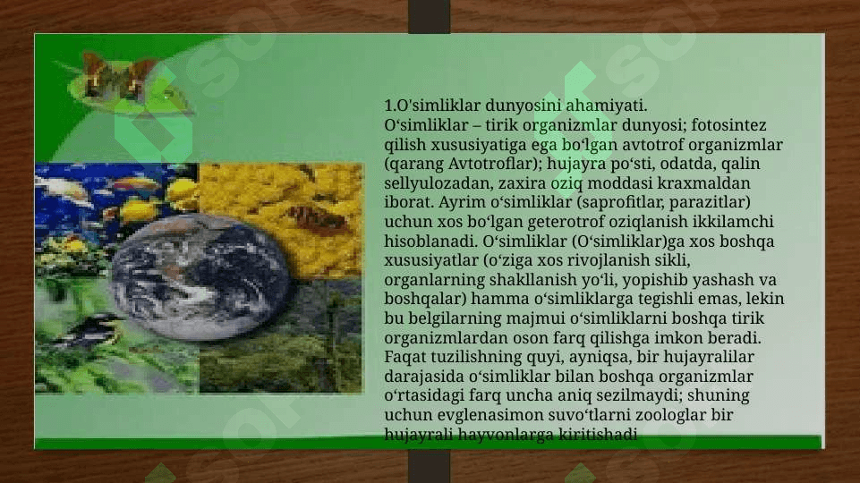O’simliklar  dunyosi  va  ularni  hayot  tarzi  haqidagi  bilimlarni  bilib olish  va tahlil  qilish. 2