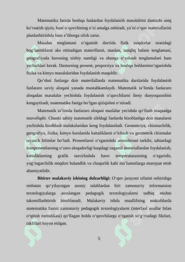 MATEMATIKA VA BOSHQA FANLARNI O‘QITISHDA FANLARARO BOG’LANISH 5