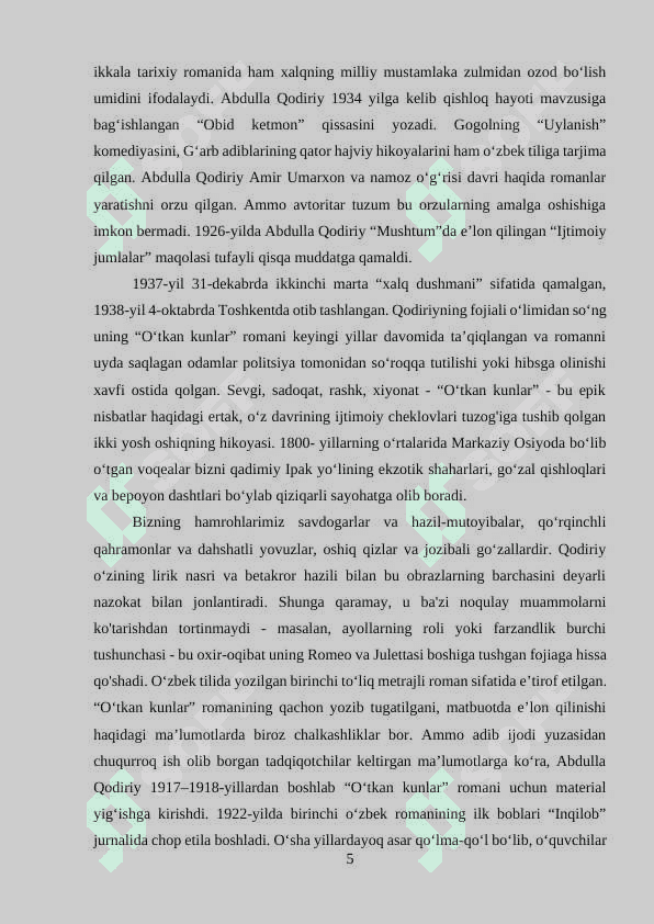 “O‘TGAN KUNLAR” ROMANIDA IJTIMOIY MASALALAR 5