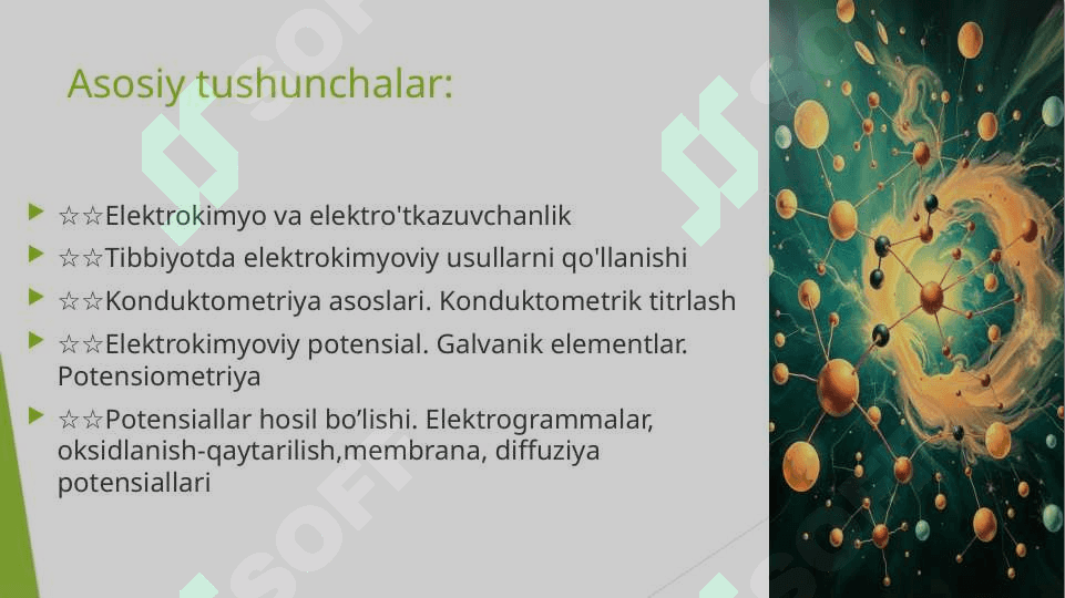 Elektrokimyo asoslari . Konduktometriya . Elelktrod jarayonlari . Potensiallar hosil bo`lishi va ularning turlari . Potensiometriya 2