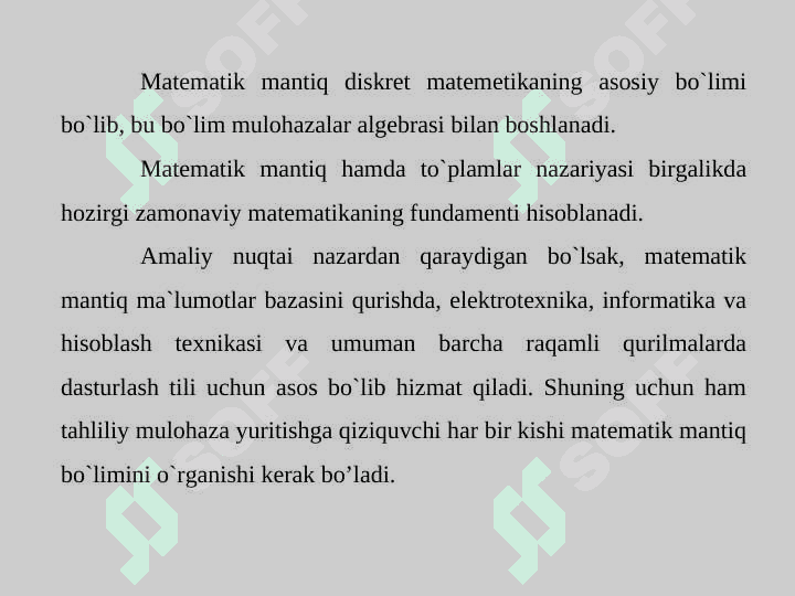 Bul algebrasi. Mulohaza tushunchasi. Mulohazalar ustida ikkilik mantiqiy amallar. 4