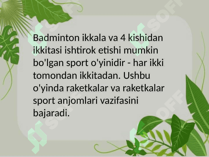 Badminton oʻyini texnikasi va taktikasi tasnifi 2