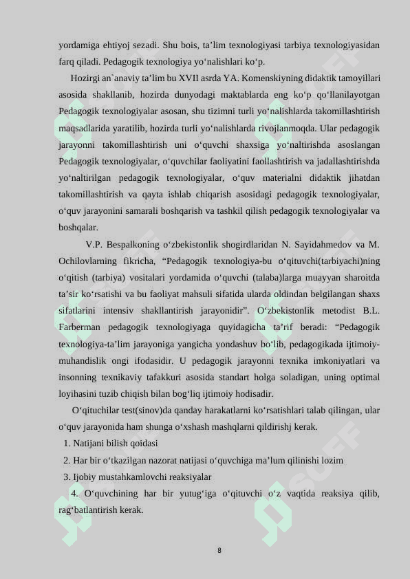 Yangi materialni o'rgatish va mustahkamlash darslari 8