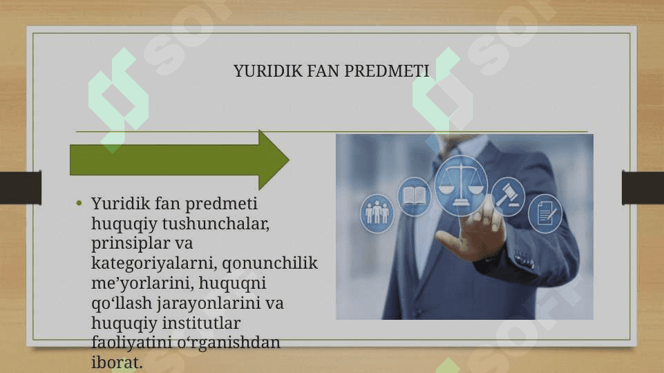 Yuridik fan tushunchasi ,obyekti va predmeti. Yuridik fan tushunchasi predmeti.Huquqiy ko’nikmalar va metodologiya moduli predmeti, vazifalari va o’zlashtirish metodlari 7
