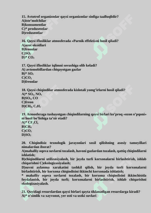 «ekologiya» fanidan test savollari 3