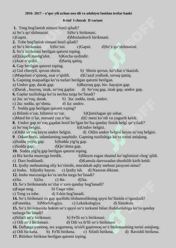 8-sinf ona tili fanidan  testlar banki 3
