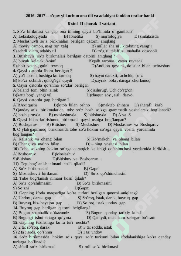 8-sinf ona tili fanidan  testlar banki 5