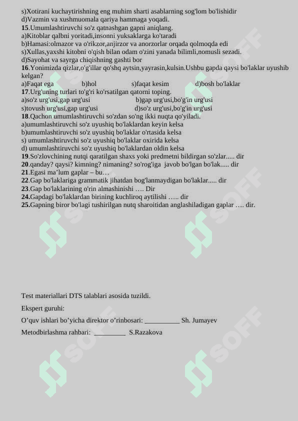 8-sinf ona tili fanidan  testlar banki 8