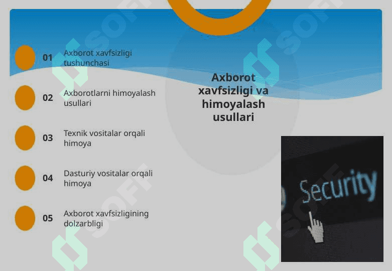 Axborot xavfsizligi va axborotlarni himoyalash usullari. Axborotlarning himoyalashning texnik va dasturiy vositalari. Axborotlarni himoyalash usullari. 2