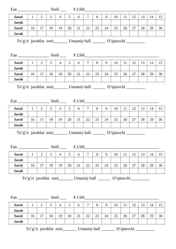 Maktab uchun variant 30 ta va 20 talik test blankasi