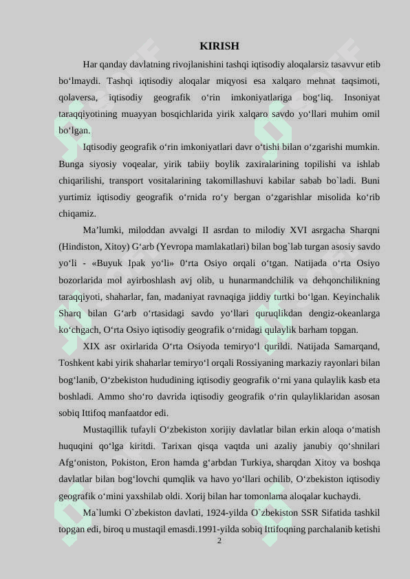“O`ZBEKISTONNING DUNYO SIYOSIY XARITASIDA TUTGAN O`RNI” 2