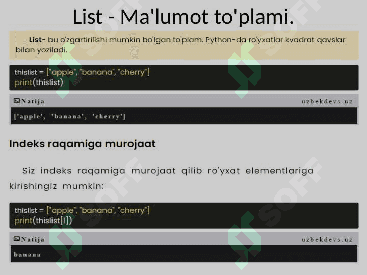 Ma'lumot turlari va to'plamlari.List(Ro'yxat) va Tuple(Kortejlar) 3