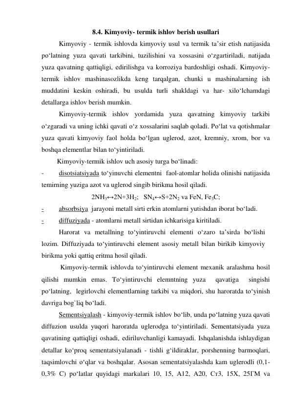 Kimyoviy- termik ishlov berish usullari