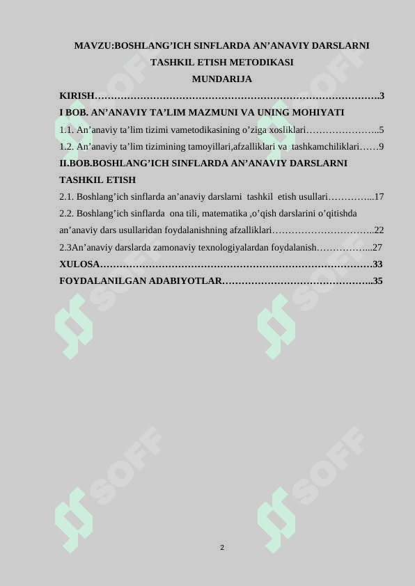 Boshlangʻich sinflarda an'anaviy darslarni tashkil etish metodikasi 2