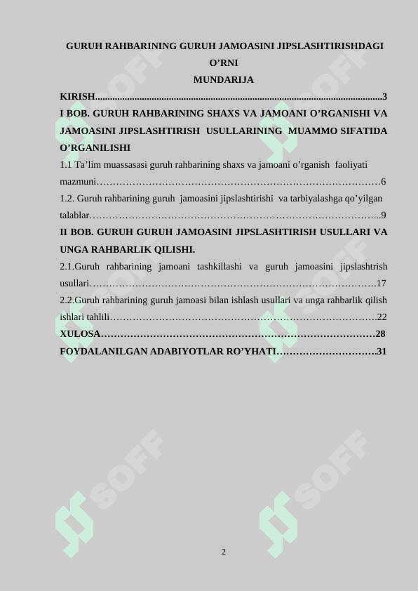 Guruh rahbarining guruh jamoasini jipslashtirishdagi o’rni 2