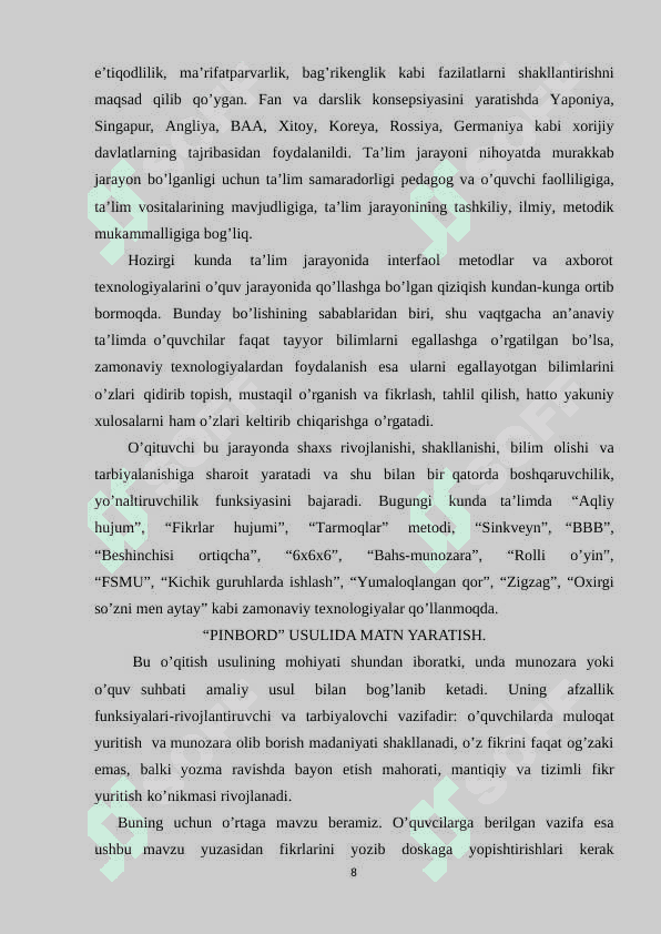 Tarbiya darslarini tashkil etishda pedagogik texnologiyalar 8