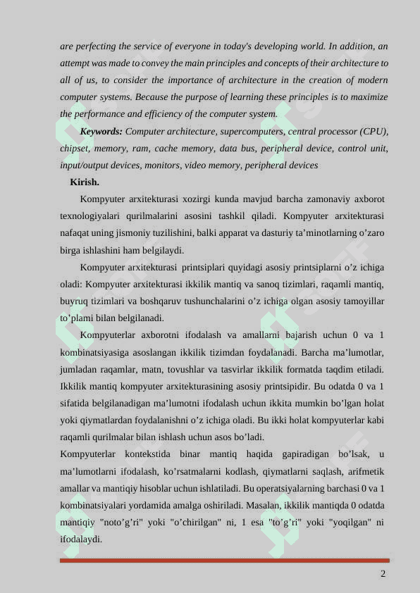ZAMONAVIY KOMPYUTERLAR VA ULARNING ARXITEKTURASI 2