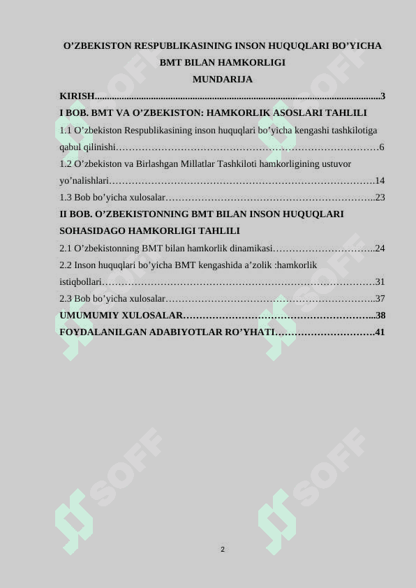 O’zbekiston respublikasining inson huquqlari bo’yicha bmt bilan hamkorligi 2