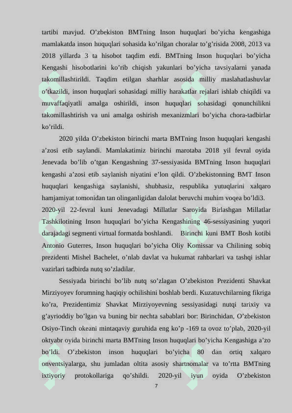 O’zbekiston respublikasining inson huquqlari bo’yicha bmt bilan hamkorligi 7