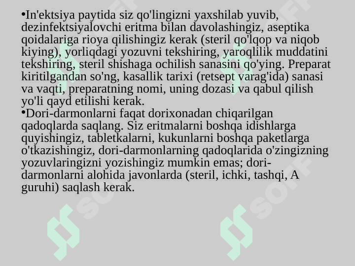 Dori vositalarini qoʼllash usullari. Tashqi, enteral va parenteral kiritiladigan dori vositalarini boʼlimda saqlash 4