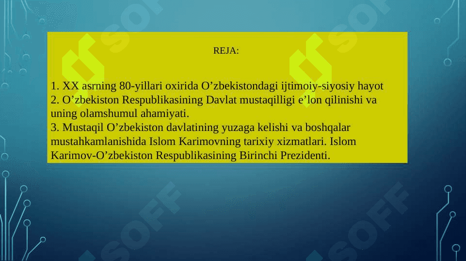O‘zbekiston Respublikasida Prezidentlik institutining joriy etishi I.A.Karimovning O‘zbekiston Respublikasi Prezidenti etib saylanishi. 2