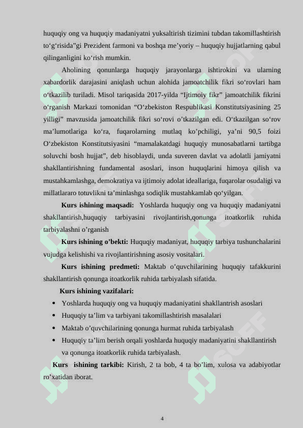 Yoshlarda huquqiy ong va huquqiy madaniyatni shakllantirish,huquqiy tarbiyasini rivojlantirish,qonunga itoatkorlik ruhida tarbiyalash 4