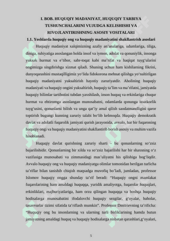 Yoshlarda huquqiy ong va huquqiy madaniyatni shakllantirish,huquqiy tarbiyasini rivojlantirish,qonunga itoatkorlik ruhida tarbiyalash 5