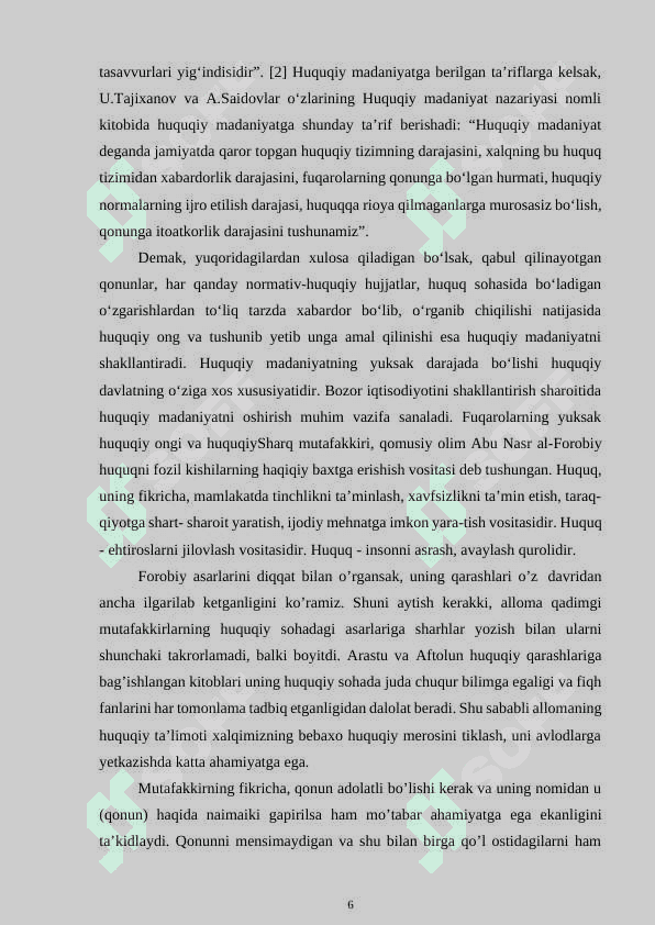 Yoshlarda huquqiy ong va huquqiy madaniyatni shakllantirish,huquqiy tarbiyasini rivojlantirish,qonunga itoatkorlik ruhida tarbiyalash 6