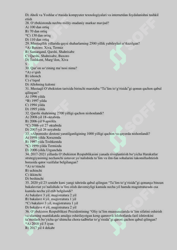 O'zbekistonning eng yangi tarixi fanidan test Pedagogika 4