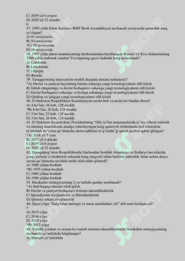 O'zbekistonning eng yangi tarixi fanidan test Pedagogika 5